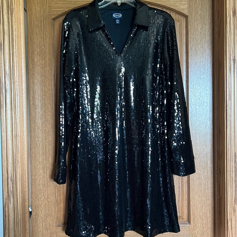 Scoop Women’s Relaxed Sequin Shirt Dress with Long Sleeves, Size L